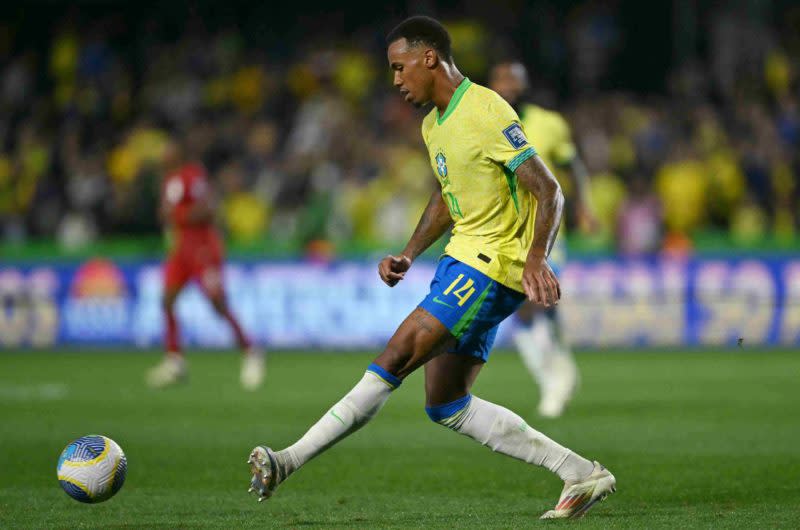 Brazil's defender Gabriel Magalhaes controls the ball during the 2026 FIFA World Cup South American qualifiers football match between Brazil and Ecuador, at the Major Antônio Couto Pereira stadium in Curitiba, Brazil, on September 6, 2024. (Photo by MAURO PIMENTEL/AFP via Getty Images)