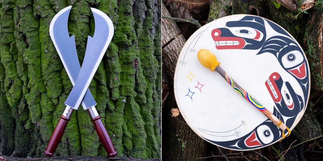 Left: Knives, shamanic tools, are used to cut negative energy. Right: A hand drum adorned with images of a bear and her cub, was painted by Stone, an artist from the Squamish Nation.