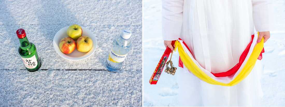 Left: An offering of Korean soju, apples and mineral water during a pre-ceremony ritual in Dronningmølle, Denmark. Right: Helena Soholm holds shamanic tools, a fan and bells to call the spirits, during a pre-ceremony ritual in Dronningmølle, Denmark. 