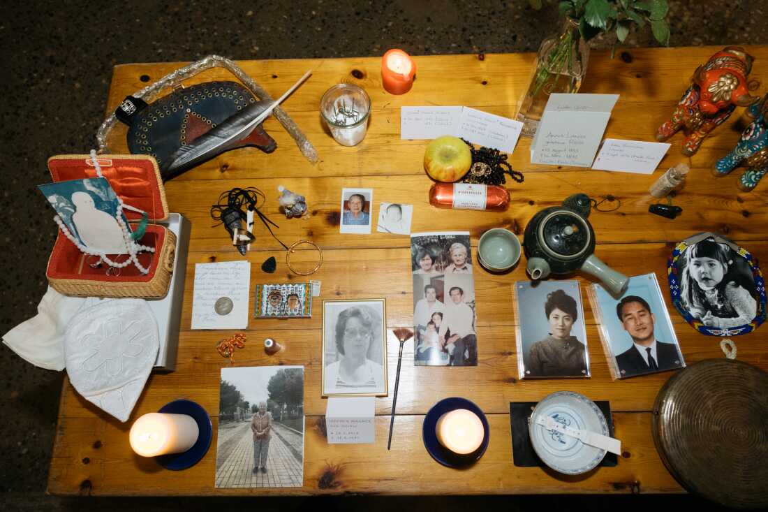 An ancestral altar is covered with objects brought by the ceremony’s participants.