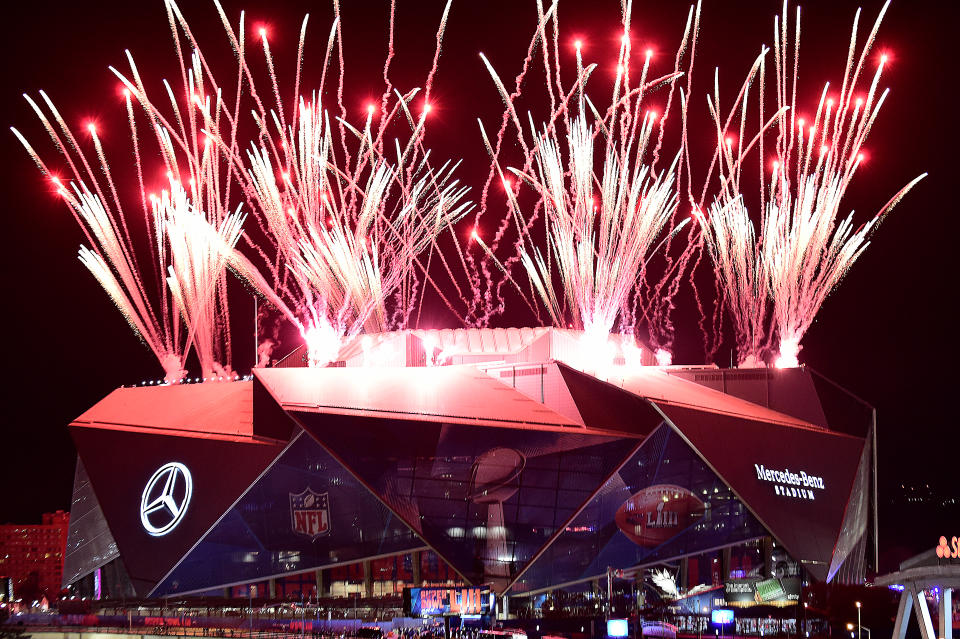 Fireworks shoot in the air above Atlanta's Mercedes-Benz Stadium during halftime of Super Bowl LII in 2019. (Logan Riely/Getty Images)