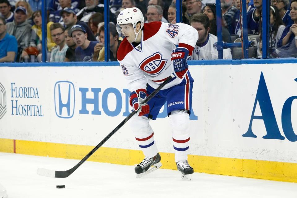 Apr 16, 2014; Tampa, FL, USA; Montreal Canadiens center Daniel Briere (48) against the Tampa Bay Lightning during the first period in game one of the first round of the 2014 Stanley Cup Playoffs at Tampa Bay Times Forum. Mandatory Credit: Kim Klement-Imagn Images