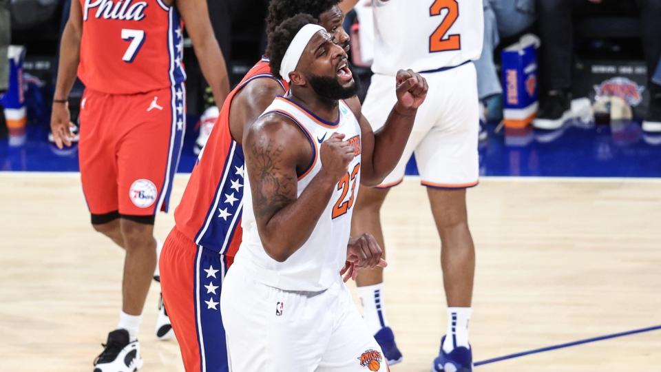 Apr 20, 2024; New York, New York, USA; New York Knicks center Mitchell Robinson (23) after being called for a foul in the fourth quarter against the Philadelphia 76ers in game one of the first round for the 2024 NBA playoffs at Madison Square Garden. 