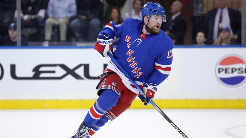 May 22, 2024; New York, New York, USA; New York Rangers left wing Alexis Lafreniere (13) skates against the Florida Panthers during the third period of game one of the Eastern Conference Final of the 2024 Stanley Cup Playoffs at Madison Square Garden. 