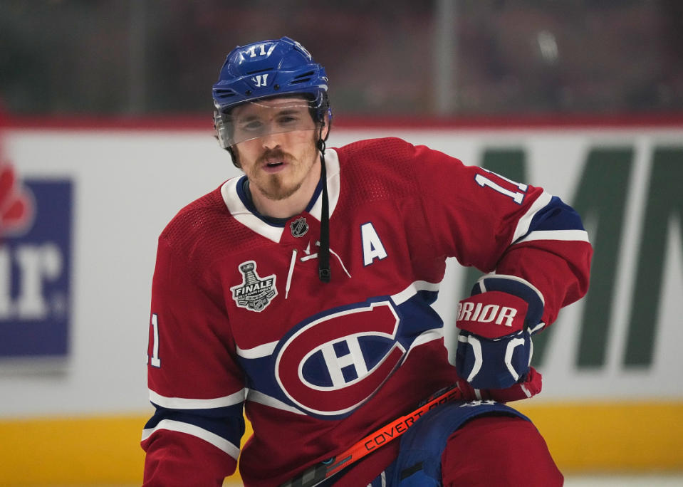 Jul 5, 2021; Montreal, Quebec, CAN; Montreal Canadiens right wing Brendan Gallagher (11) looks on during the warmup period before game four of the 2021 Stanley Cup Final against the Tampa Bay Lightning at the Bell Centre. Mandatory Credit: Eric Bolte-Imagn Images