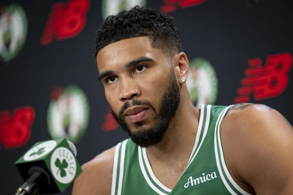 BOSTON, MASSACHUSETTS - SEPTEMBER 24: Jayson Tatum #0 of the Boston Celtics speaks to the media during Boston Celtics Media Day at The Auerbach Center on September 24, 2024 in Boston, Massachusetts. NOTE TO USER: User expressly acknowledges and agrees that, by downloading and or using this photograph, User is consenting to the terms and conditions of the Getty Images License Agreement. (Photo by Maddie Malhotra/Getty Images)