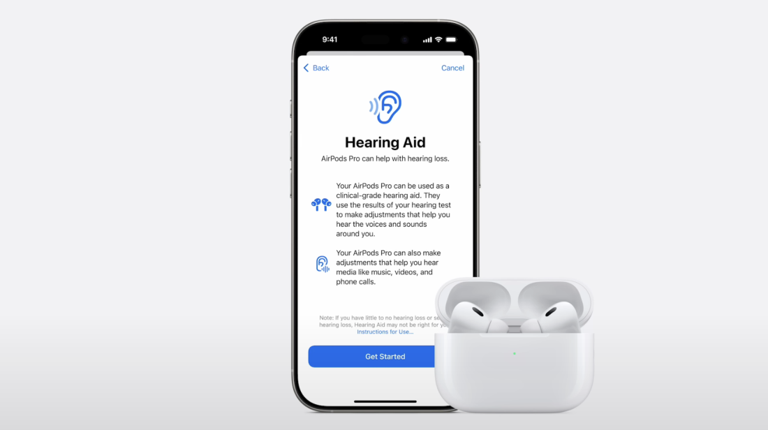 A screenshot of Apple's promotional video on YouTube, showing the upcoming new hearing aid feature for AirPods Pro 2 and iOS 18-compatible iPhones and iPads.