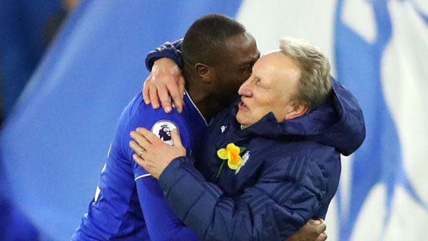 Former Cardiff City defender Sol Bamba hugs former Cardiff City manager Neil Warnock