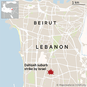 Map showing Dahiyeh suburb strike by Israel in Lebanon