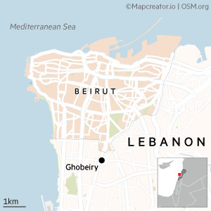 Map of Lebanon showing Beirut and Ghobeiry