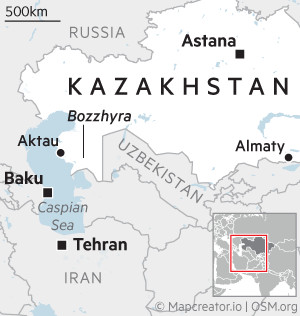 Map showing the locations of Aktau, Almaty, Bozzhyra and Astana in Kazakhstan, as well as Baku in Azerbaijan and Tehran in Iran