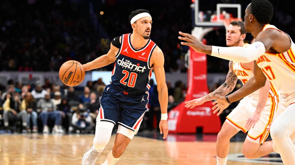 Washington Wizards guard Landry Shamet (20) dribbles against the Atlanta Hawks during the second half at Capital One Arena.