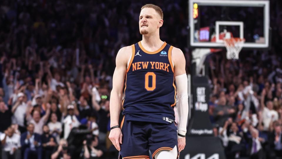 May 8, 2024; New York, New York, USA; New York Knicks guard Donte DiVincenzo (0) celebrates after making a three point shot in the fourth quarter against the Indiana Pacers during game two of the second round for the 2024 NBA playoffs at Madison Square Garden.