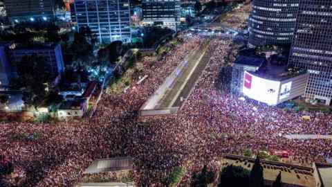 A drone photo of protesters rallying in Tel Aviv to show support for the hostages who were kidnapped during the deadly October 7 attack