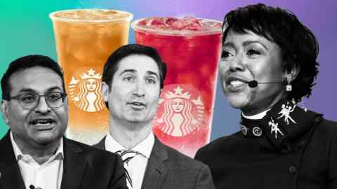 Montage of Laxman Narasimhan, Brian Niccol and Mellody Hobson and some starbucks drinks