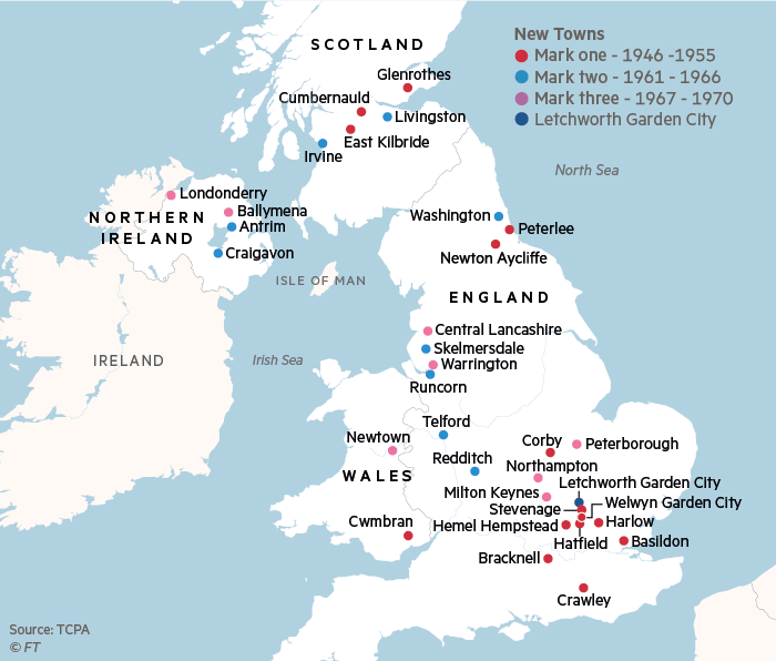 A map of the new towns built in the three phases of post-war development