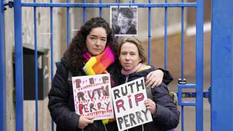 Protesters outside a school in Newbury, Berkshire, after the death of the primary head Ruth Perry