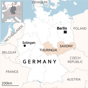 A map showing the city of Solingen and the states of Thuringia and Saxony in Germany