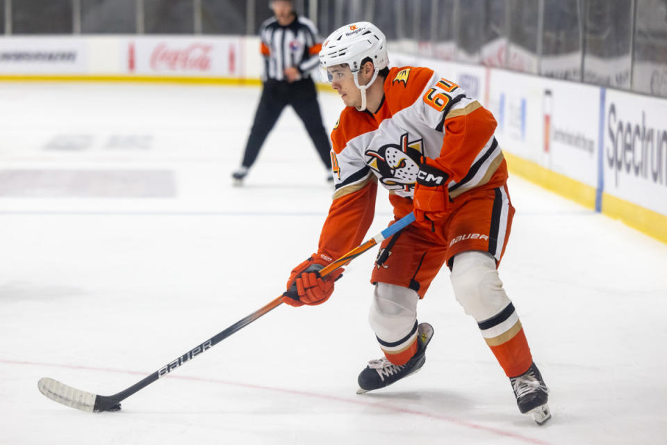 Sept. 15, 2024; El Segundo, CA; Anaheim Ducks forward Sam Colangelo at Rookie Faceoff tournament. Mandatory Credit: Andy Glass-Andy Glass Photography