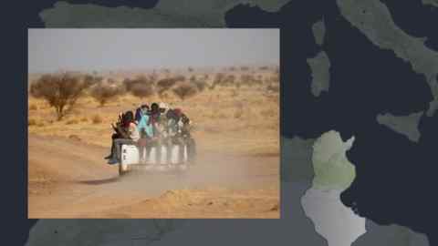 A montage of two images - a map of the African and European countries surrounding the Mediterranean, and a pickup truck crammed with people driving through the Sahara