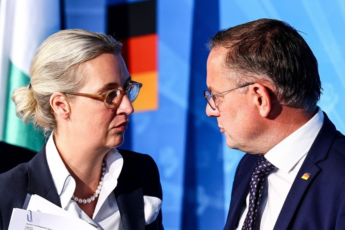 AfD co-leaders Alice Weidel, left, and Tino Chrupalla, right