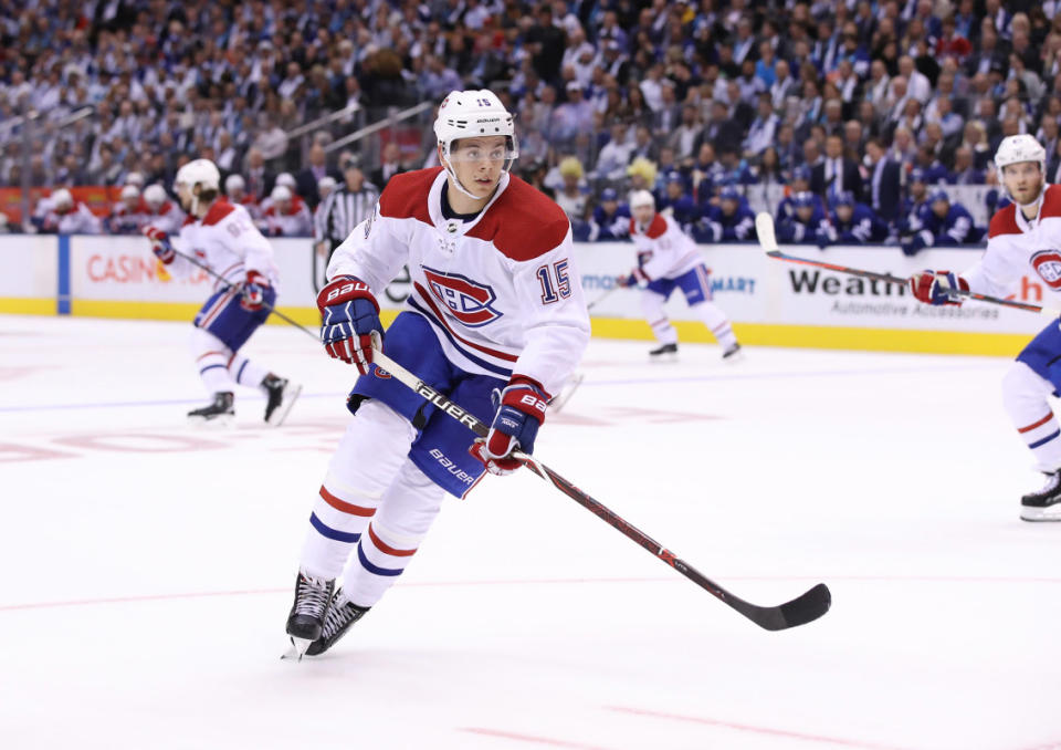 Oct 3, 2018; Toronto, Ontario, CAN; Montreal Canadiens center Jesperi Kotkaniemi (15) in action against the Toronto Maple Leafs at Scotiabank Arena. The Maple Leafs beat the Canadiens 3-2 in overtime. Mandatory Credit: Tom Szczerbowski-Imagn Images