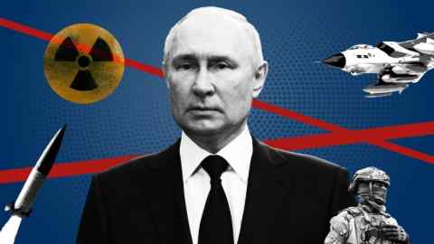 Putin with: Storm Shadow missiles on jet; ATACMS missile, Ukrainian soldier, nuclear symbol