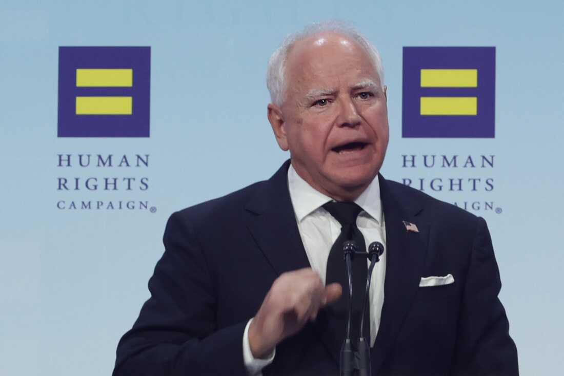 Minnesota Gov. Tim Walz, running for vice president, addresses the 2024 Human Rights Campaign National Dinner in Washington, D.C. in September. The group is an LGBTQ+ civil rights organization. 