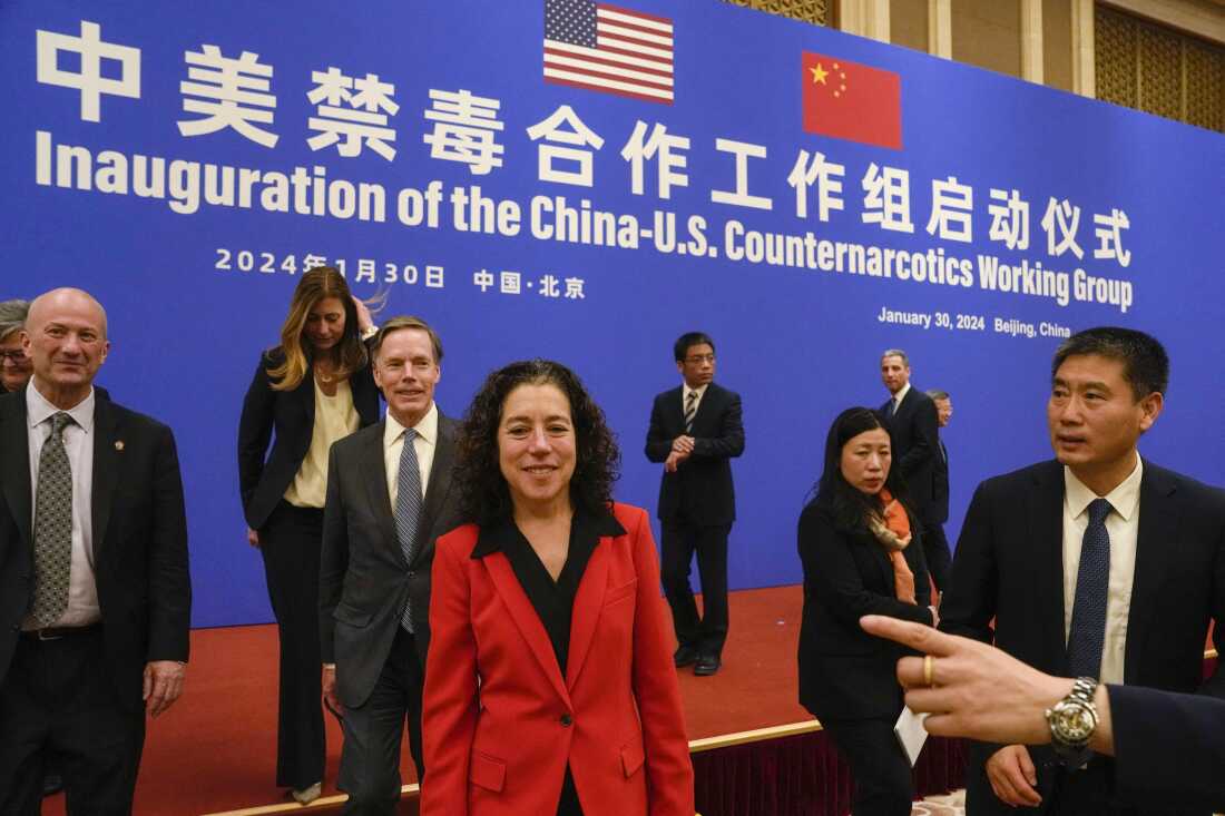 US Deputy Assistant to the President and Deputy Homeland Security Advisor Jen Daskal (C) walks next to Xu Datong, director of China's Narcotic Control Bureau (R) after a launch ceremony of the US-China Counternarcotics Working Group at the Diaoyutai State Guesthouse in Beijing on January 30, 2024. (Photo by Ng Han Guan / POOL / AFP) (Photo by NG HAN GUAN/POOL/AFP via Getty Images)