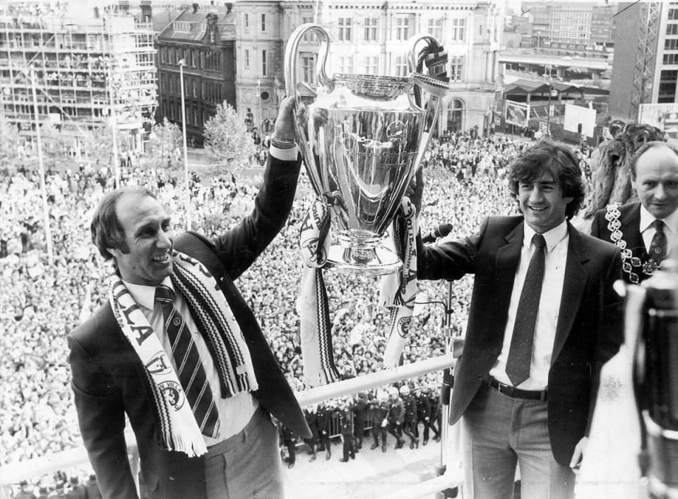 Barton lifts European Cup with Aston Villa captain Dennis Mortimer in 1982 (Birmingham Post and Mail)