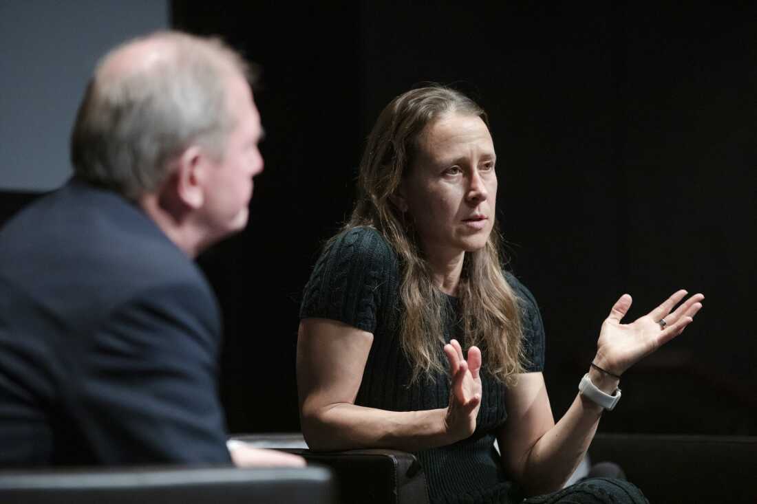 Anne Wojcicki, founder and CEO of 23andMe, and Marcus Wallenberg speak at an event during Prince Daniel's Fellowship entrepreneurial journey in San Francisco in 2022.