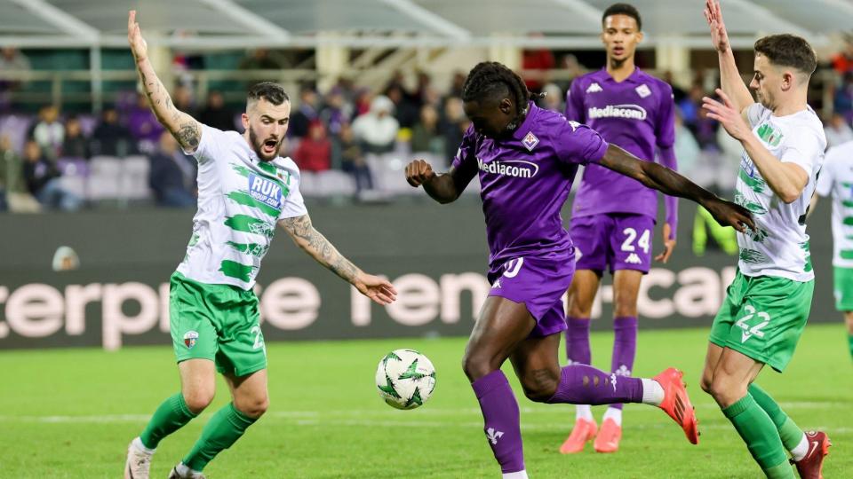 Moise Kean of Fiorentina controls the ball during the Uefa Conference League match against The New Saints