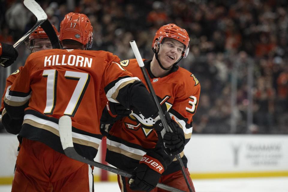 Pavel Mintyukov celebrates his goal with Alex Killorn during the third period.