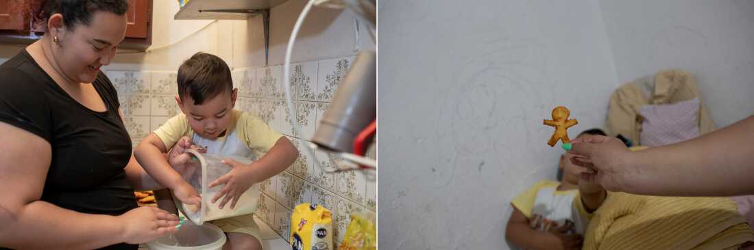 The photo on the left shows Joshua sitting on the kitchen counter as he helps his mother, Karen Sanabria, pour flour from a plastic container into a bowl. The photo on the right shows Sanabria's outstretched arm and hand, which is holding an arepa shaped like a little person. In the background, Joshua is reaching for it with his hand.