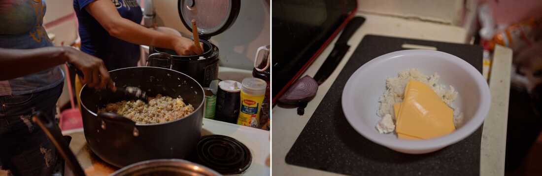 The photo on the left shows a large pot on a stove. The pot is filled with rice and other ingredients. The photo shows the forearm of Emilia Lopez, who's stirring the pot. In the background is a slow cooker that's being stirred by Angie Ferrera. The photo on the right shows a bowl of rice with slices of cheese on top.