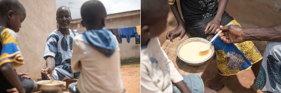 In the photo on the left, Saheed is seated outdoors, across from two of his children, who are also seated. On the bench between the two boys is a bowl of pap. The father is spooning pap from the bowl. The photo on the right shows a close-up of the bowl of pap, which looks like a thick yellow liquid.