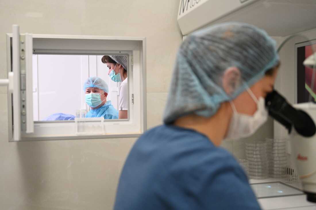 Dr. Stefan Khmil, seen through window, performs gynecological procedures for a patient.