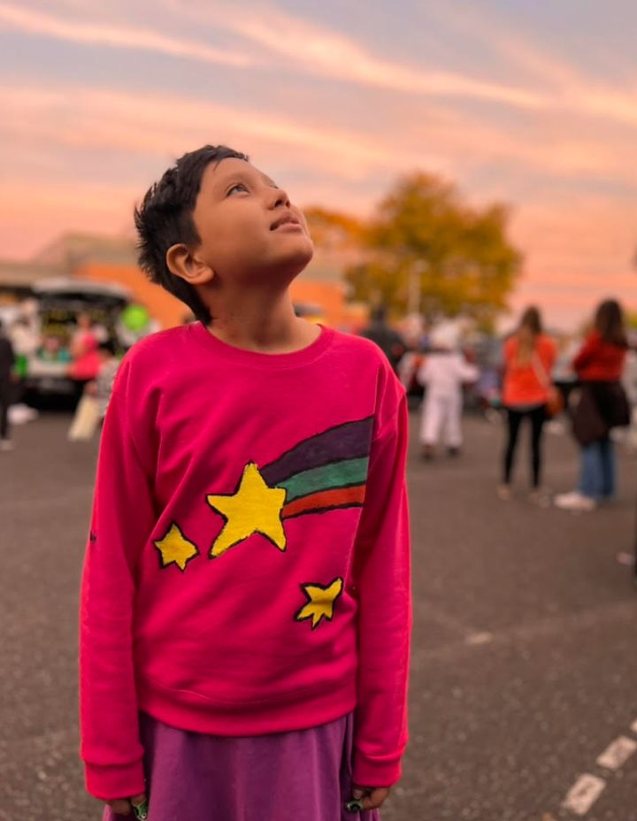 The author's daughter, Carolyn, dressed as Maybel from "Gravity Falls" for her school's Trunk or Treat in October 2022. "This was three weeks before finishing cancer treatment," the author writes.