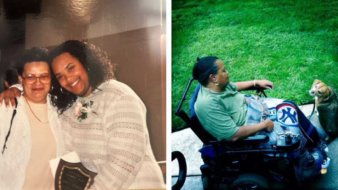 Left: Dawn and her mother, Nathalia, at her college graduation weekend in 1996. Soon after, Dawn moved back home to help keep an eye on things. Right: Nathalia and her dog Ziggy in 2011. She began using a wheelchair in 2004.