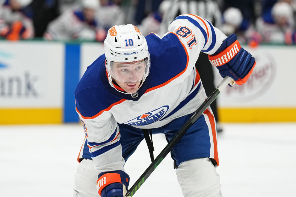 Zach Hyman #18 of the Edmonton Oilers skates against the Dallas Stars at the American Airlines Center on October 19, 2024 in Dallas, Texas. (Photo by Glenn James/NHLI via Getty Images)