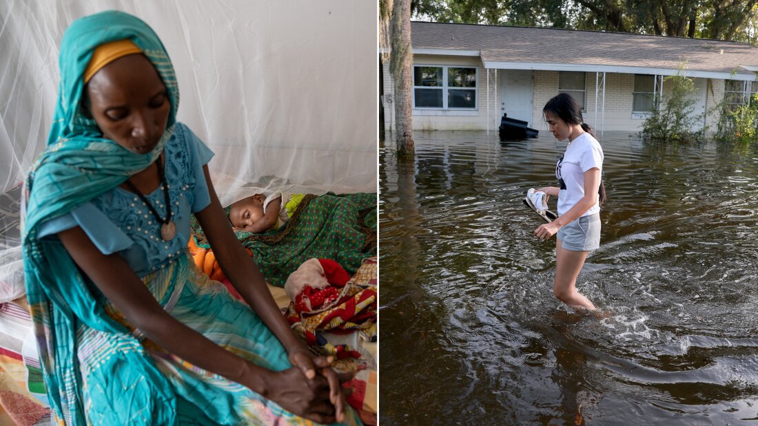 Left: A woman in Chad has spent 13 days at a malnutrition clinic seeking treatment for her 15-month-old child. Right: Flooding in the aftermath of Hurricane Helene in Florida.