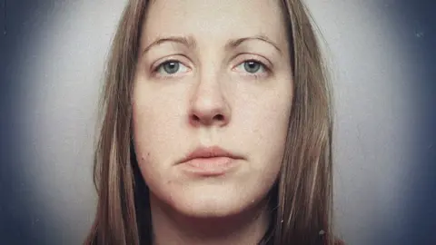 BBC Lucy Letby's police mugshot, with a graphical treatment so she appears in a spotlight with the corners of the image fading to darkness