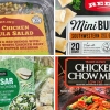 Side-by-side images of prepared foods with recalled chicken, including salads, mini burritos and chow mein.