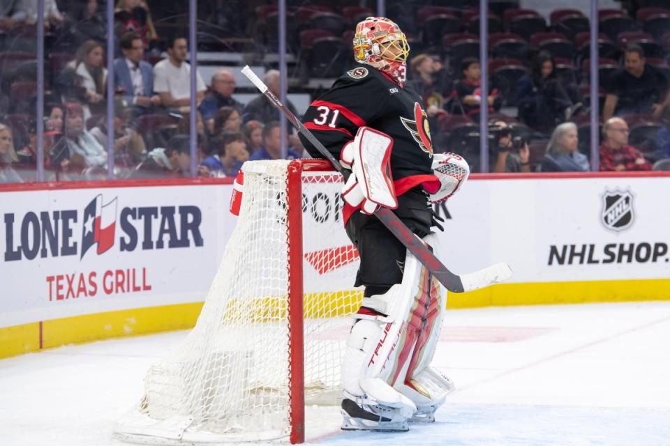 Anton Forsberg follows the action during an Ottawa Senators pre-season game against the Toronto Maple Leafs on Sept. 24.<p>Marc DesRosiers-Imagn Images</p>