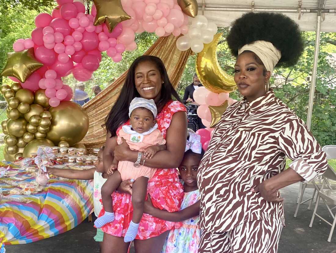 Nancy Davis (right) at her baby shower in Baton Rouge, LA on Apr. 28, 2024. Her friend and fellow activist Kaitlyn Joshua (left) came to celebrate, along with her infant son Liam, and daughter Lauryn.