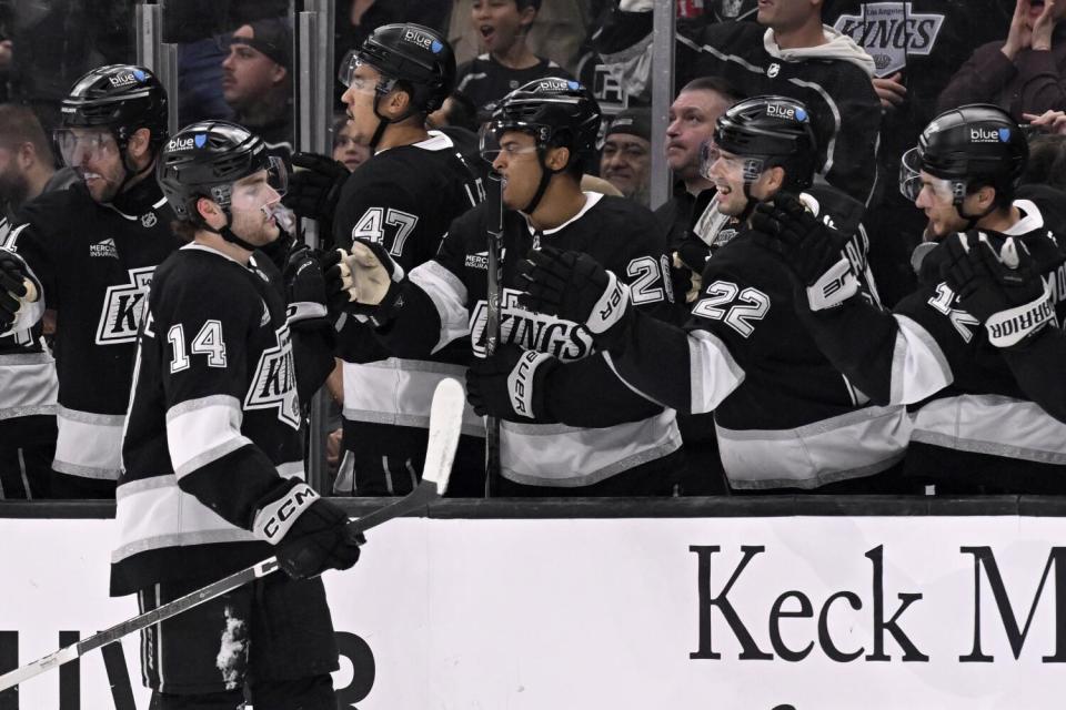 Kings forward Alex Laferriere (14) celebrates after scoring against the Columbus Blue Jackets on Nov. 9.