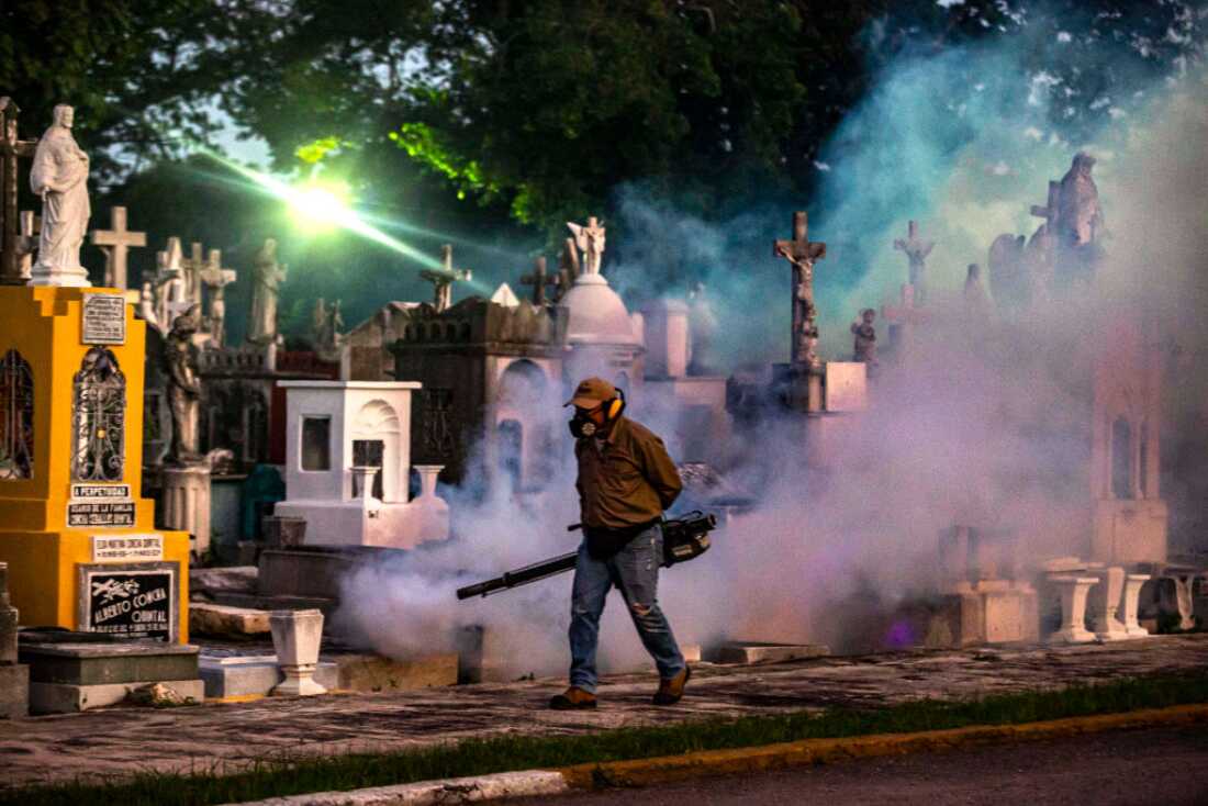 A health worker dispense insecticide with fogging machines to kill mosquitoes spreading dengue fever ahead of the Day of the Dead celebrations