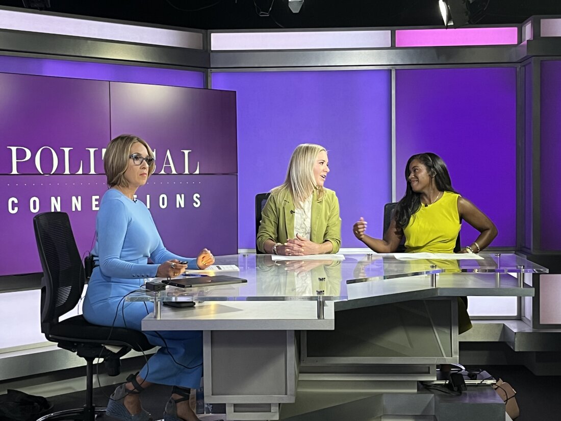 Amanda Zurawski (middle) and Kaitlyn Joshua (right) have been sharing their personal stories of being denied abortion care. While campaigning for Democrats as part of the Reproductive Freedom bus tour, they appeared on the Aug. 14 show Political Connections with host Ybeth Bruzual (left) in Orlando, FL.