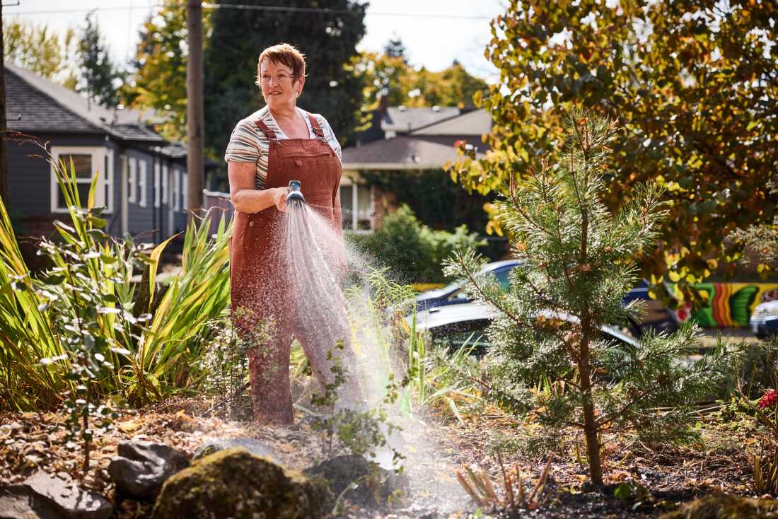 Brenda Jacobs does garden maintenance at Daybreak Cohousing in Portland. She is a woman with short, red hair wearing overalls. She's watering plants with a hose. 