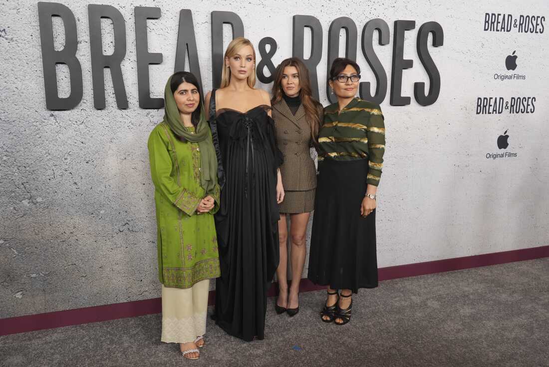 From left, executive producer Malala Yousafzai, producers Jennifer Lawrence and Justine Ciarocchi, and director/producer Sahra Mani pose together at the premiere of the documentary film "Bread & Roses" on Thursday, Nov. 14, 2024, at the Hammer Museum in Los Angeles. (AP Photo/Chris Pizzello)